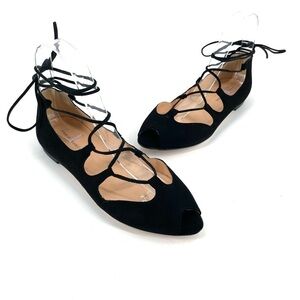 FABIO RUSCONI NWT Suede Black Open Toe Lace Up Ballet Flats